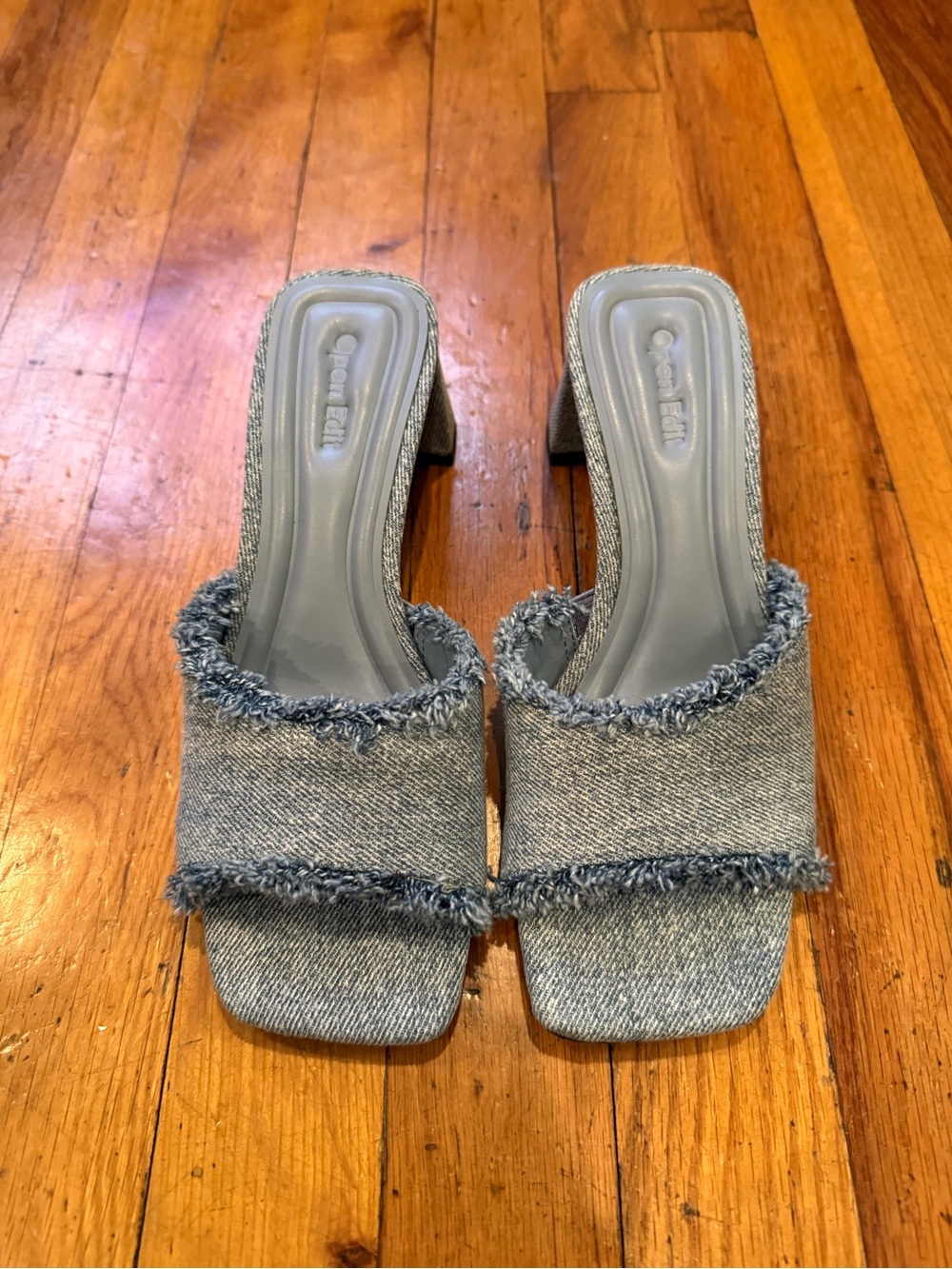 Open Edit Jaydin Frayed Denim Slide Mules - Light Blue